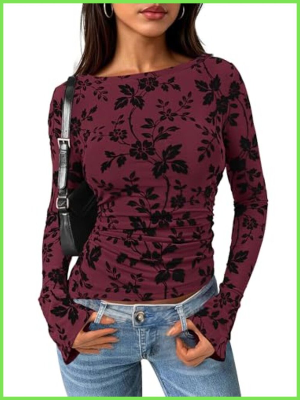 Women's Floral Mesh Blouse with Long Bell Sleeves and Boat Neck